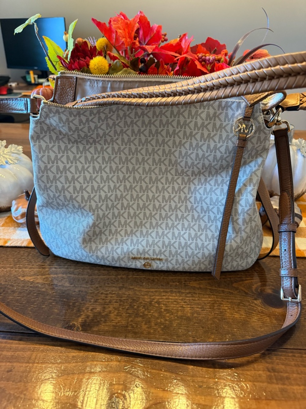 Michael Kors Light Gray and Brown Logo Shoulder Bag